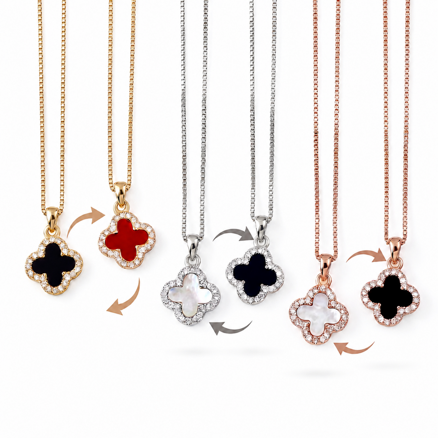 925 sterling silver double-sided four leaf clover necklace in silver, gold and rose gold