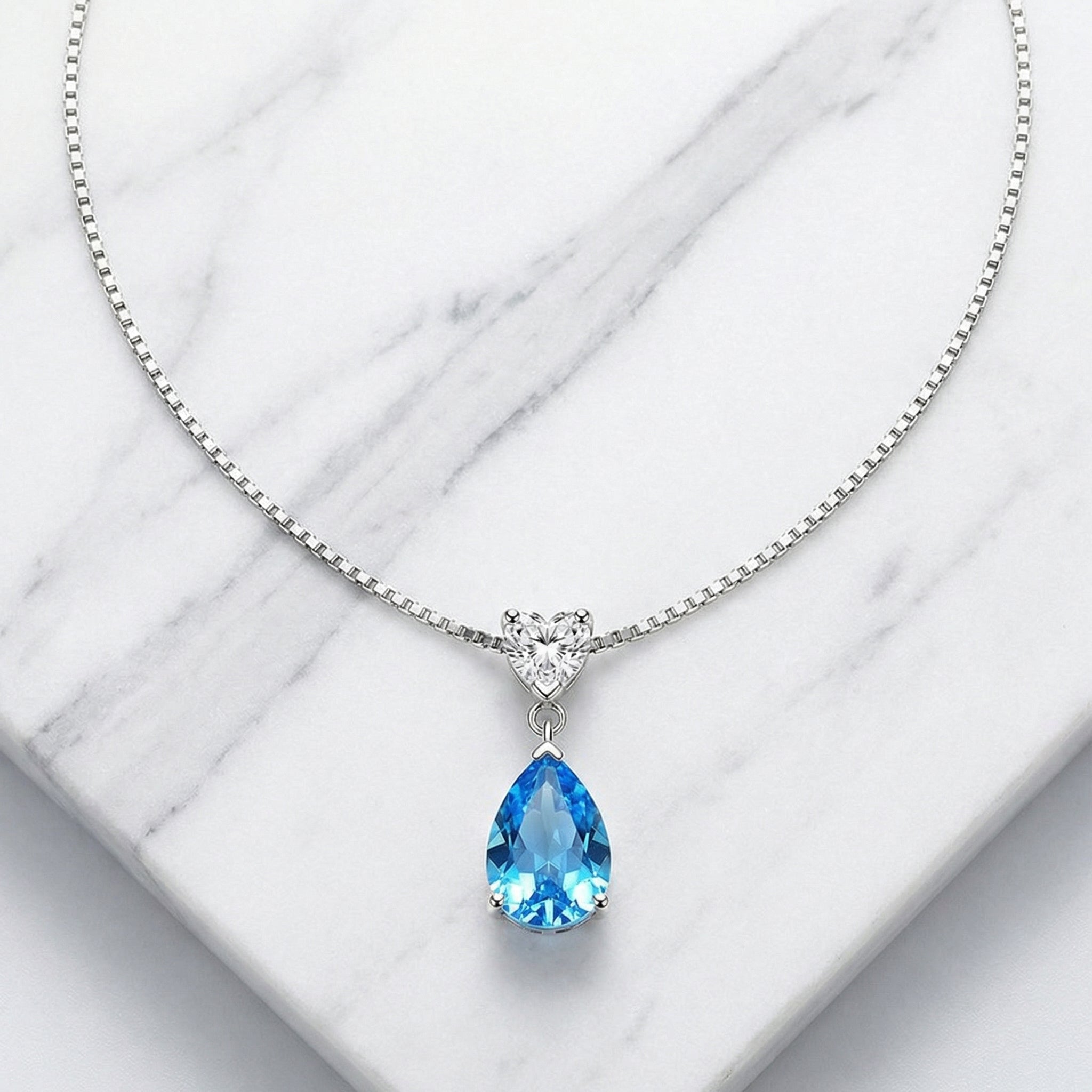 Forever Love 925 Sterling Silver Ocean Blue Teardrop Heart