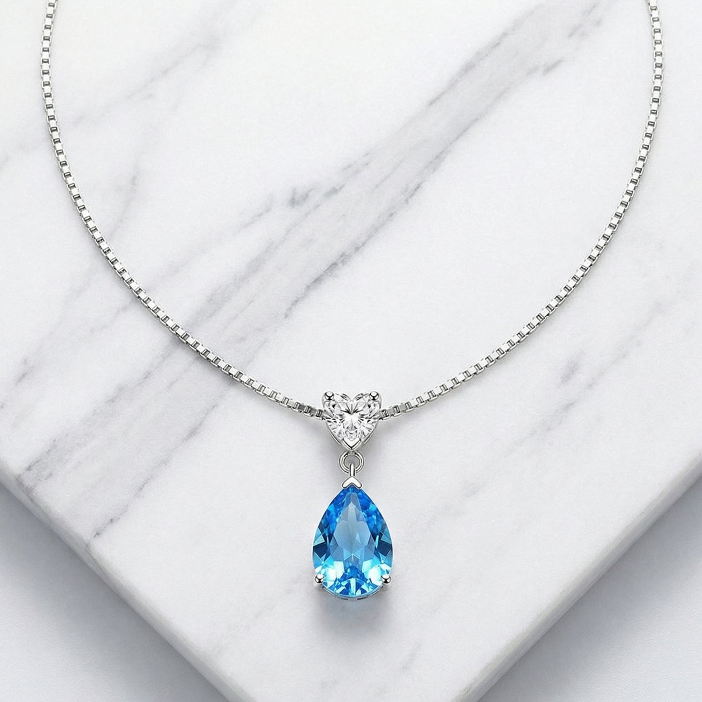925 sterling silver ocean heart blue teardrop necklace with sparkling cubic zirconia pendant, elegant jewellery gift for her