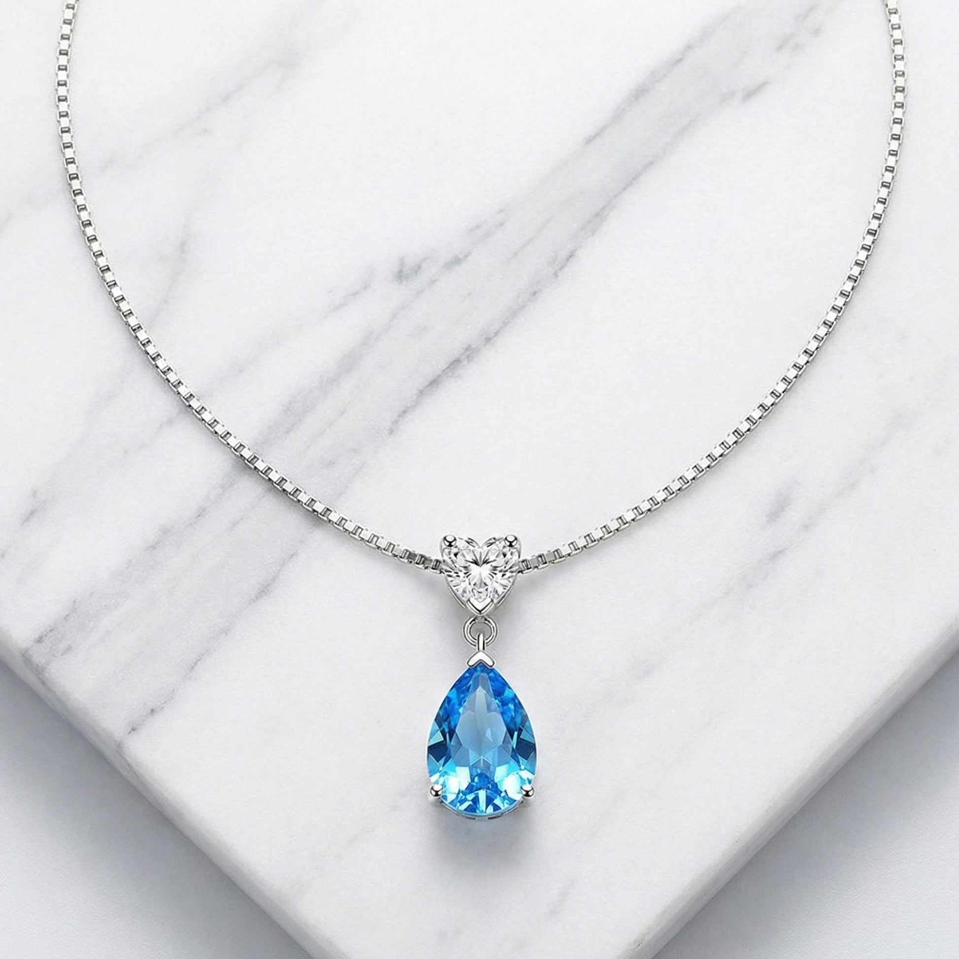 925 sterling silver ocean heart blue teardrop necklace with sparkling cubic zirconia pendant, elegant jewellery gift for her