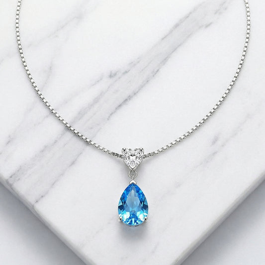 925 sterling silver ocean heart blue teardrop necklace with sparkling cubic zirconia pendant, elegant jewellery gift for her