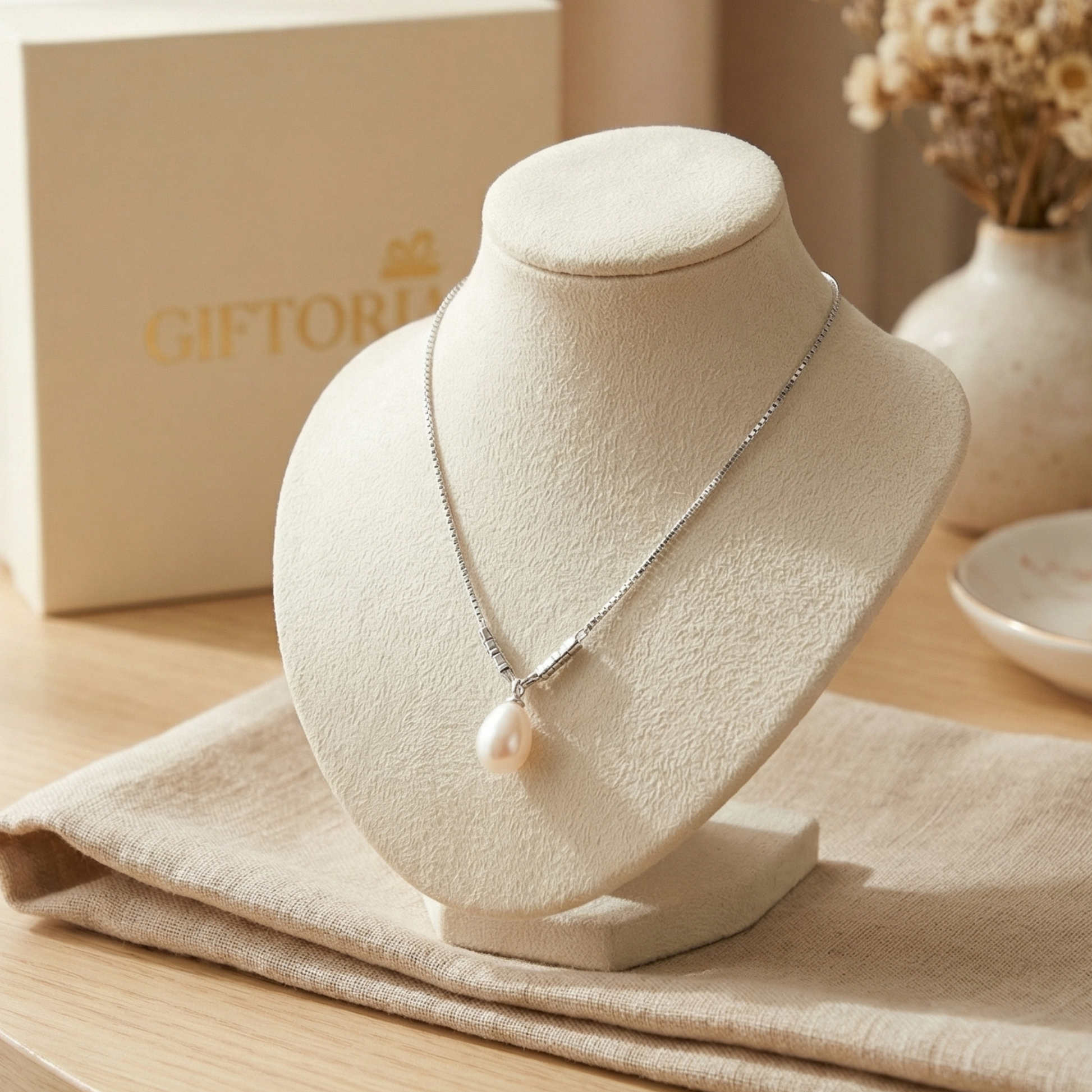 925 sterling silver teardrop pearl pendant necklace displayed on jewellery stand with gift box