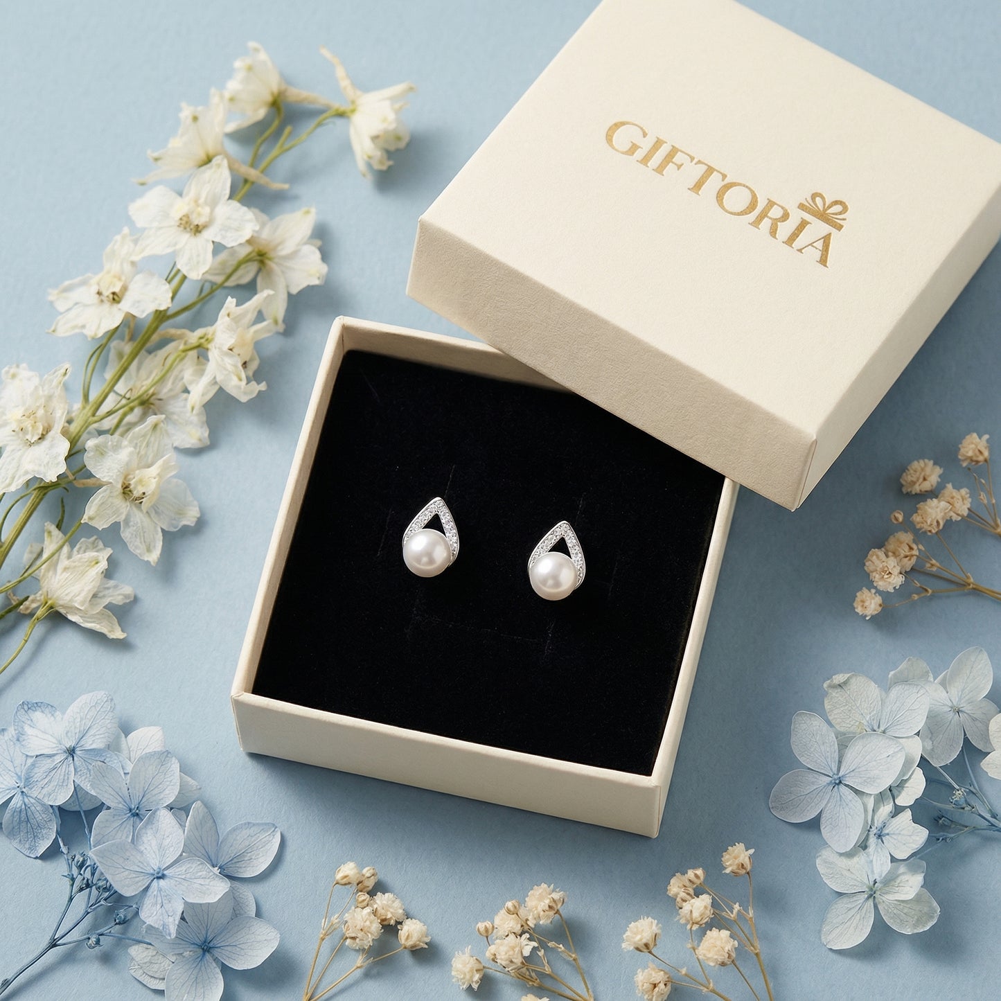 925 sterling silver pearl teardrop stud earrings in Giftoria gift box