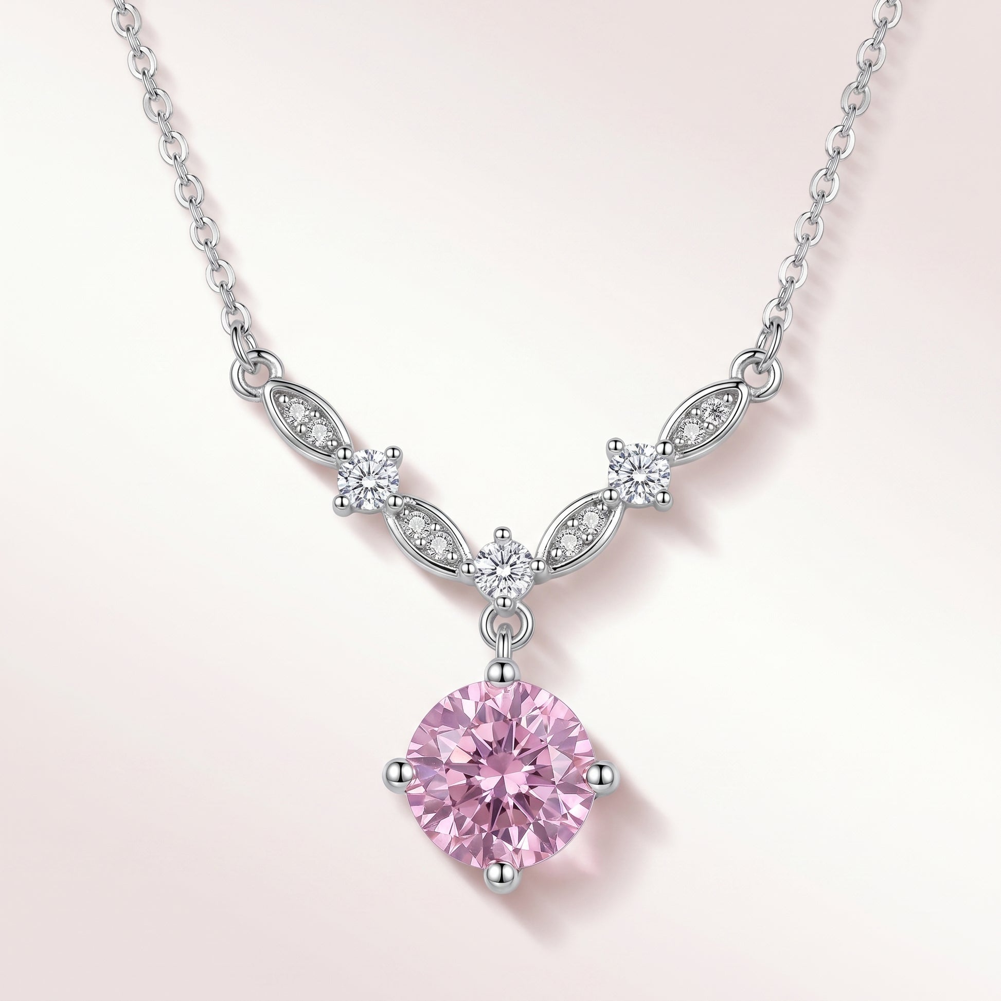 925 sterling silver pink cubic zirconia floral vine necklace with delicate leaf details