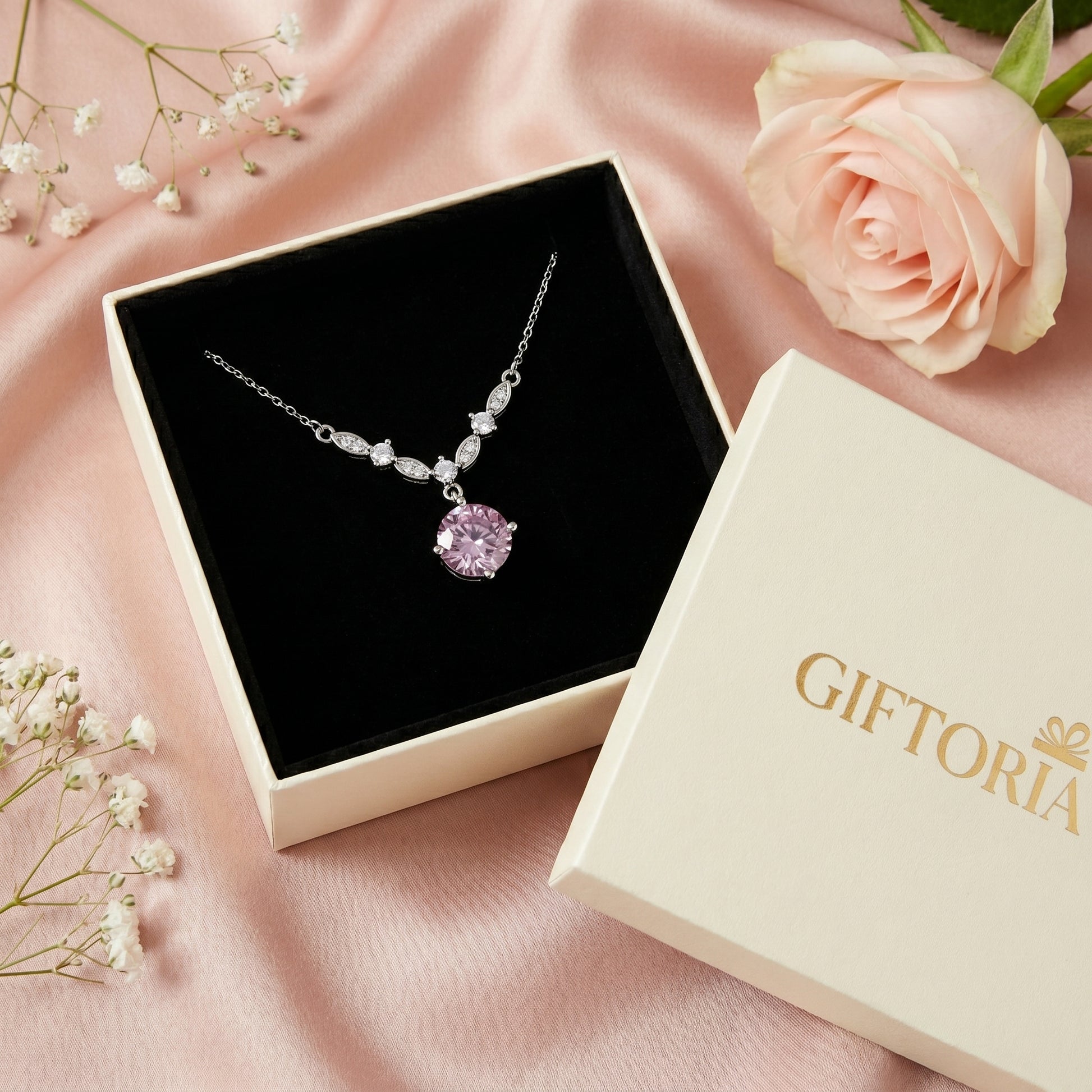 925 sterling silver pink cubic zirconia necklace presented in Giftoria gift box