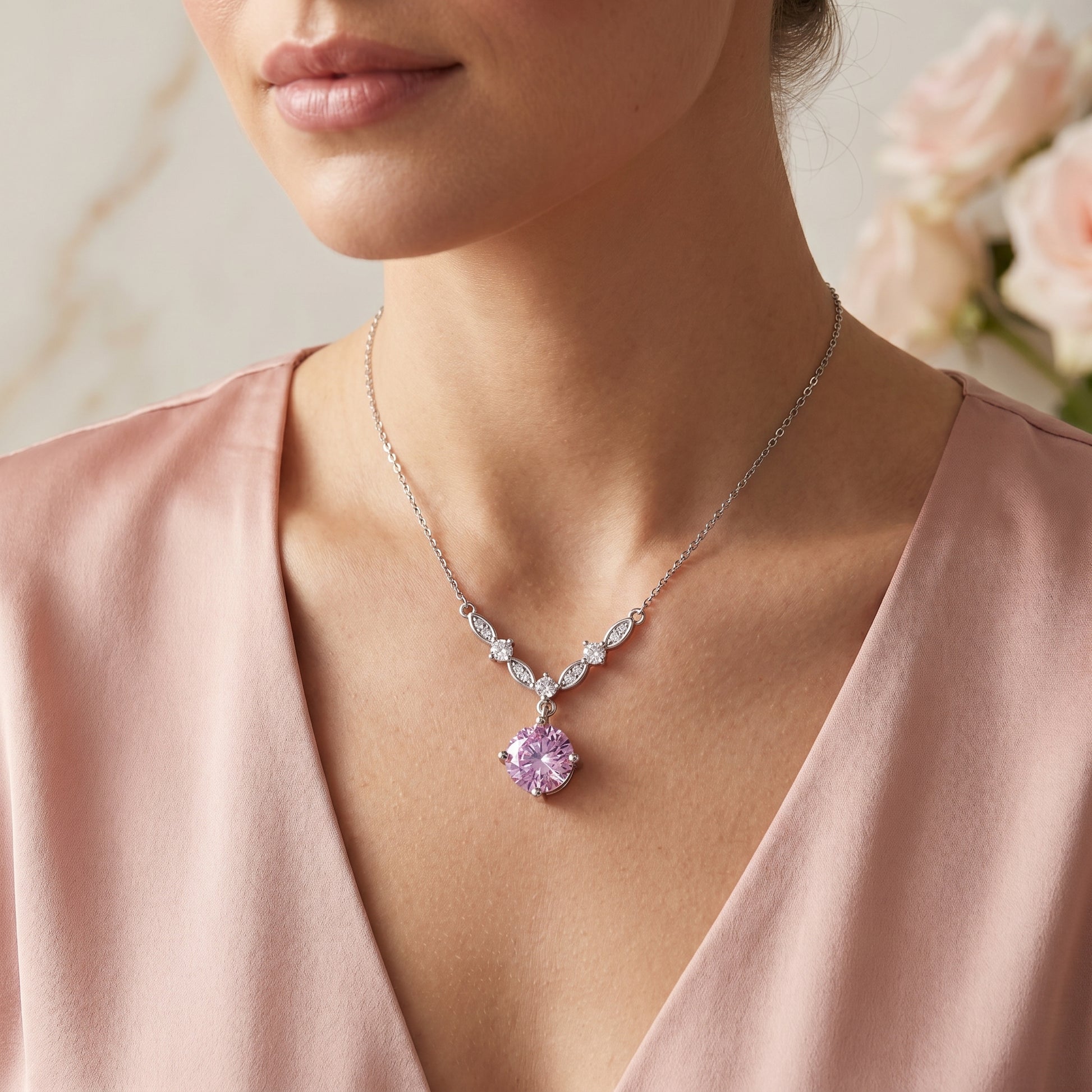 925 sterling silver pink cubic zirconia floral vine necklace worn on model
