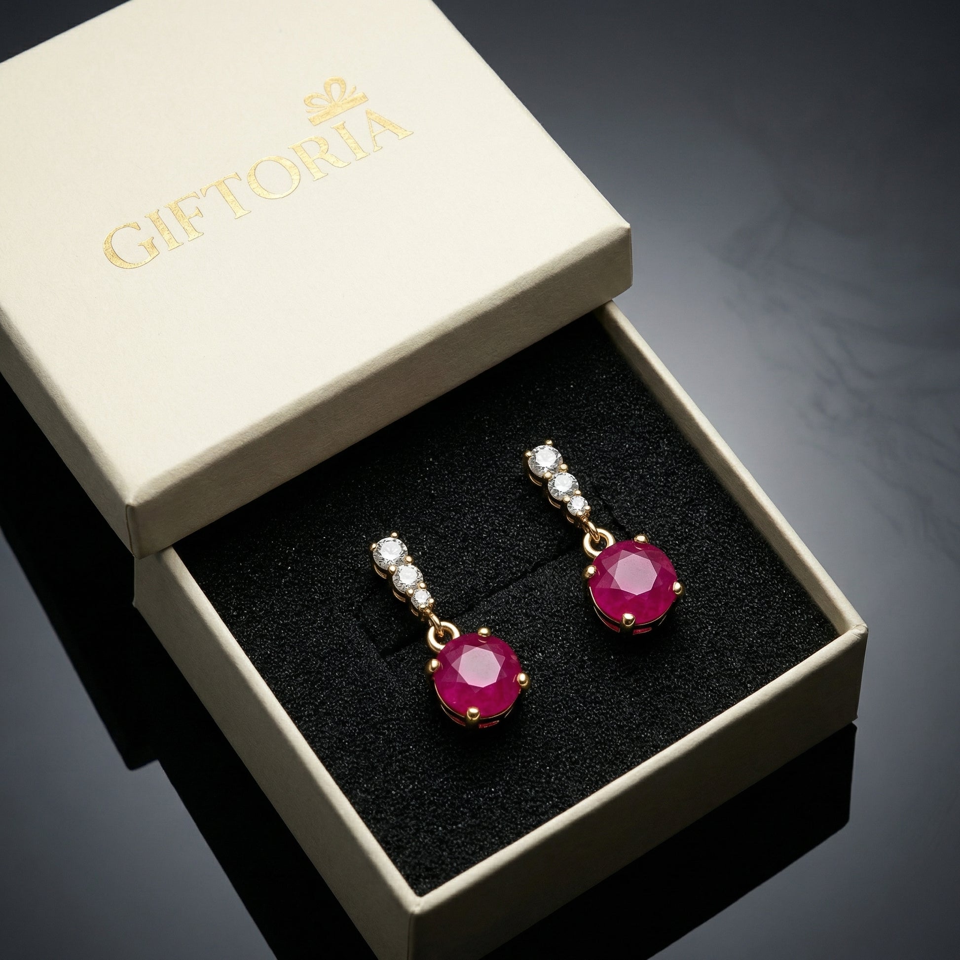 18K gold plated 925 sterling silver red cubic zirconia drop stud earrings in Giftoria gift box