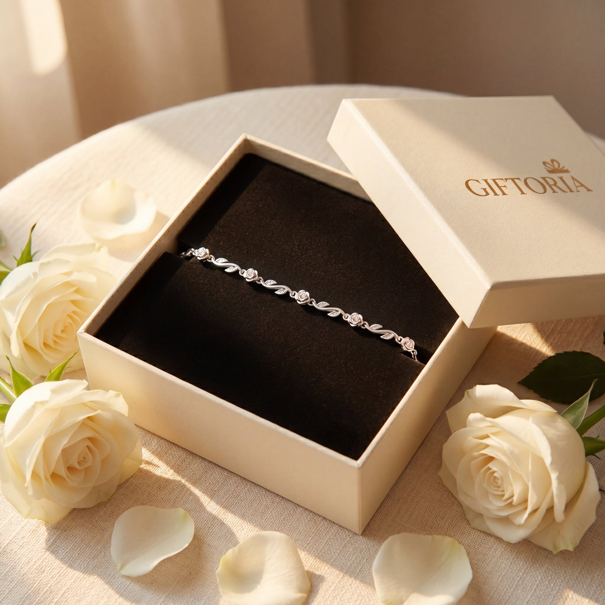 Rose of Love 925 sterling silver bracelet presented in a Giftoria gift box, ready to give as a romantic gift.