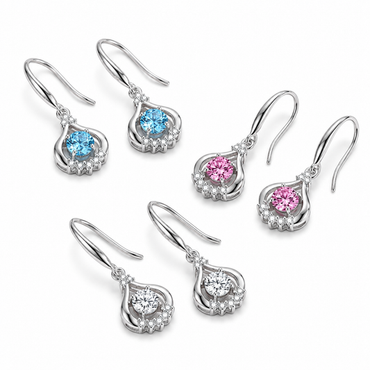 925 sterling silver teardrop dancing cubic zirconia earrings in blue, pink and clear colours