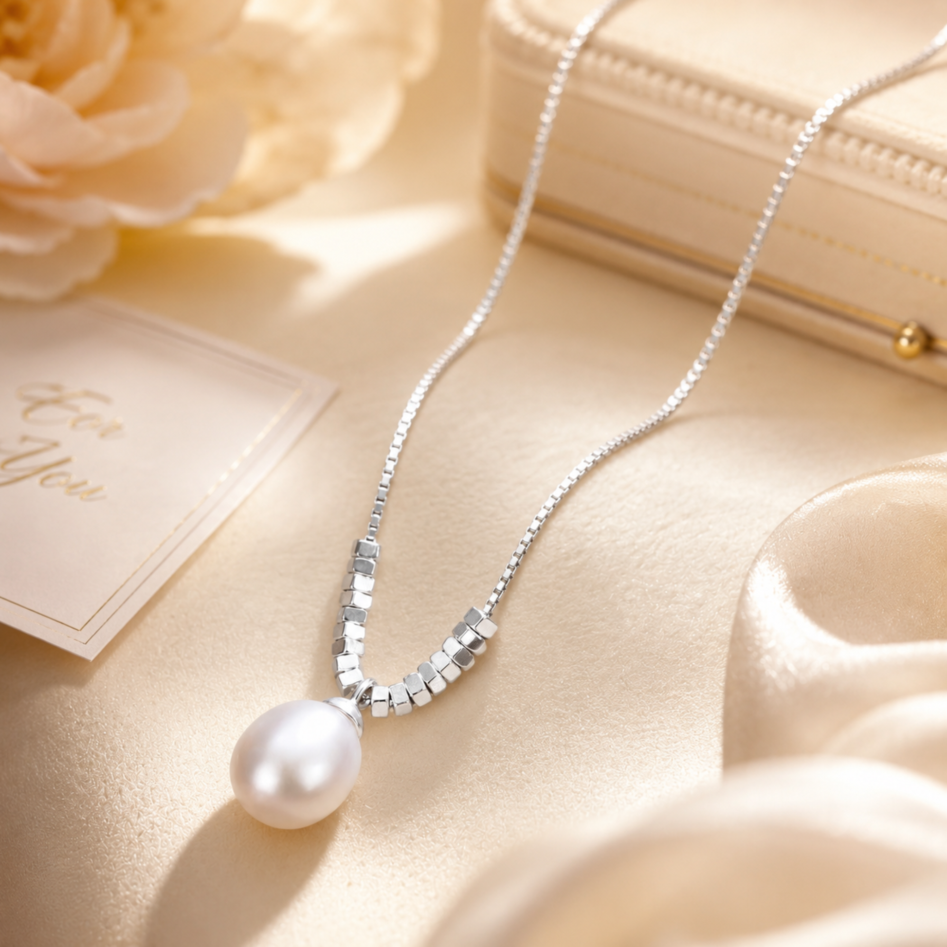 925 sterling silver teardrop pearl necklace on satin, elegant gift for her