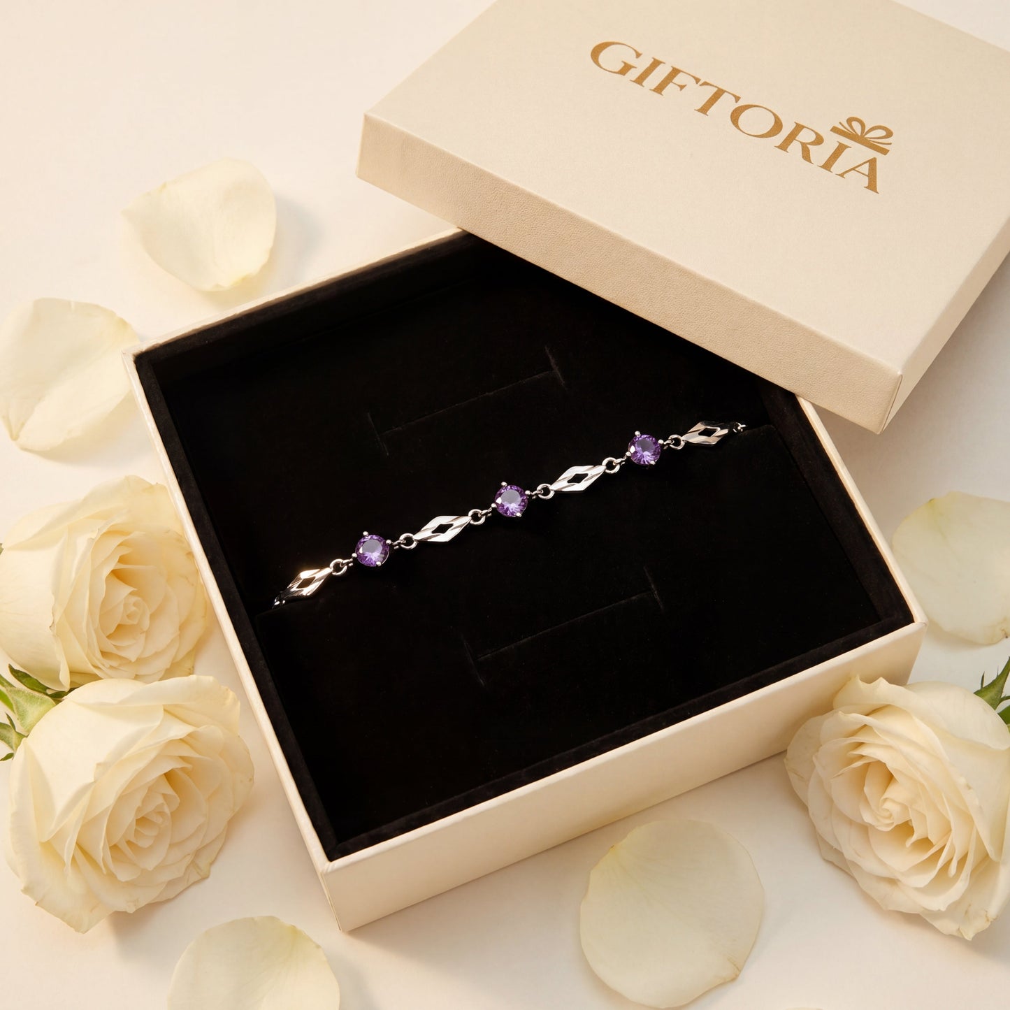 999 fine silver purple cubic zirconia bracelet in Giftoria gift box, ready to gift bracelet for her