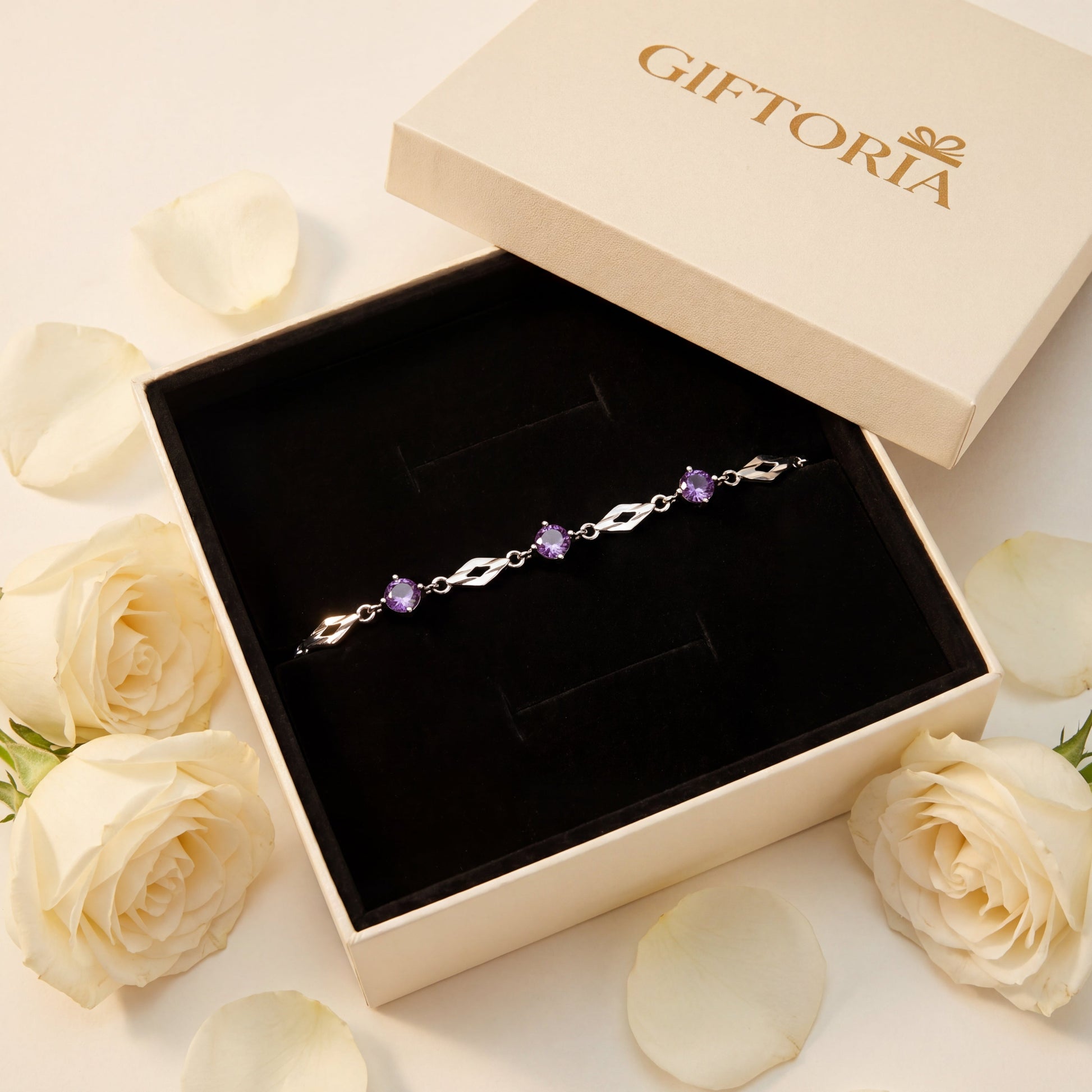 999 fine silver purple cubic zirconia bracelet in Giftoria gift box, ready to gift bracelet for her