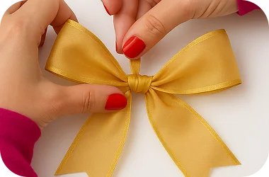 Gold bow with hands tying it on a white background