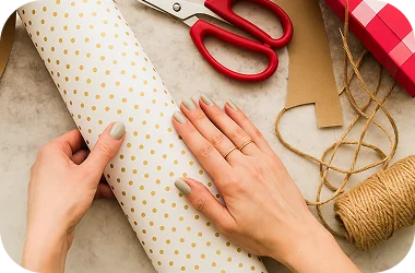 Hands wrapping a gift with polka dot paper, scissors, and string on a marble surface.