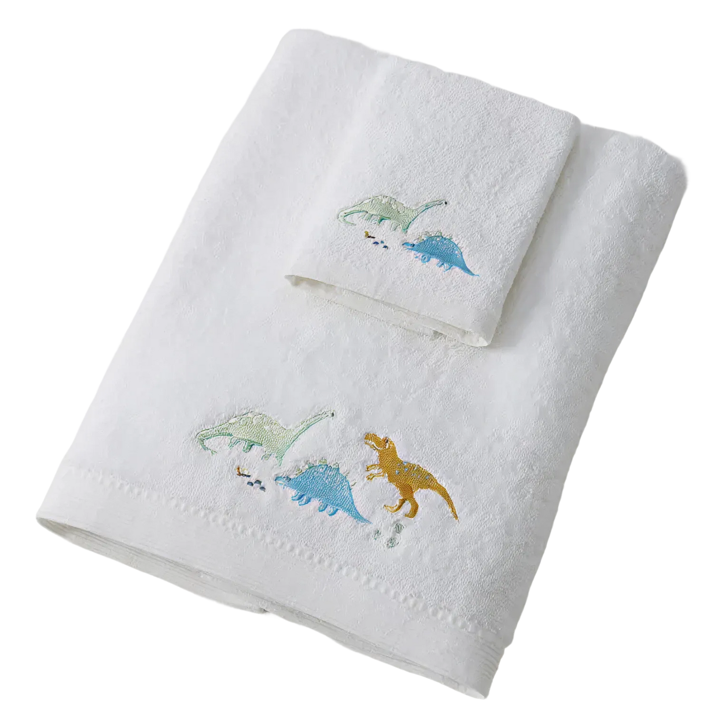 White towels with embroidered dinosaur designs