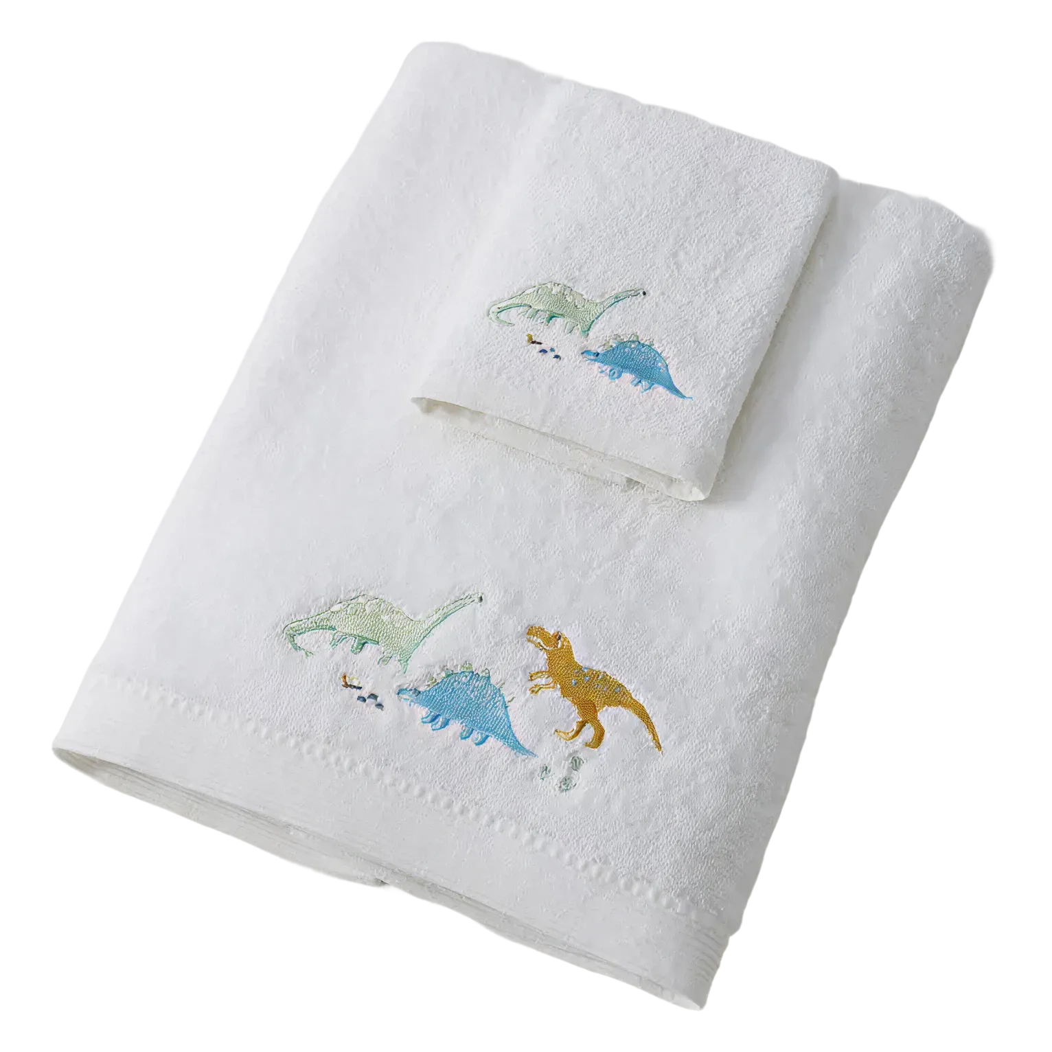 White towels with embroidered dinosaur designs