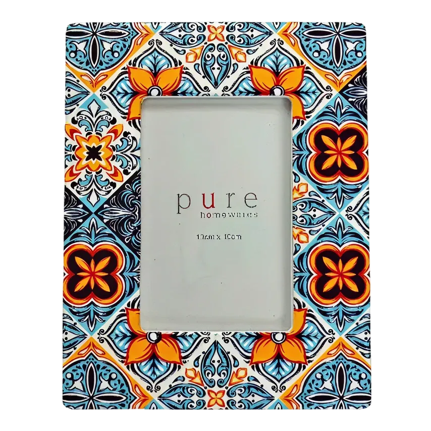 Decorative photo frame with colorful pattern and 'pure' branding