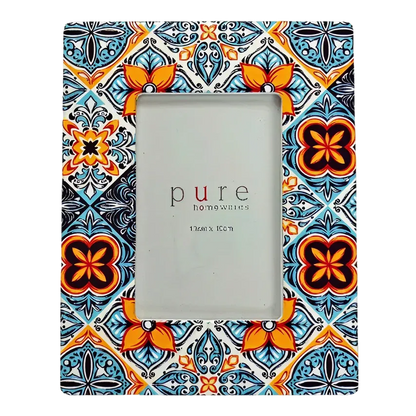 Decorative photo frame with colorful pattern and 'pure' branding