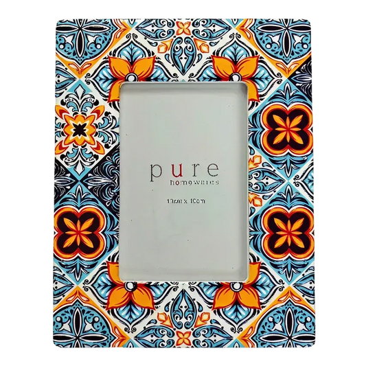 Decorative photo frame with colorful pattern and 'pure' branding