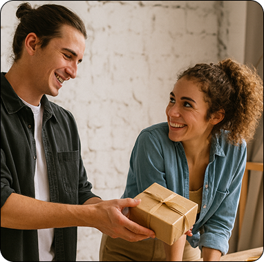 Man handing a gift box to a woman with a white brick wall background
