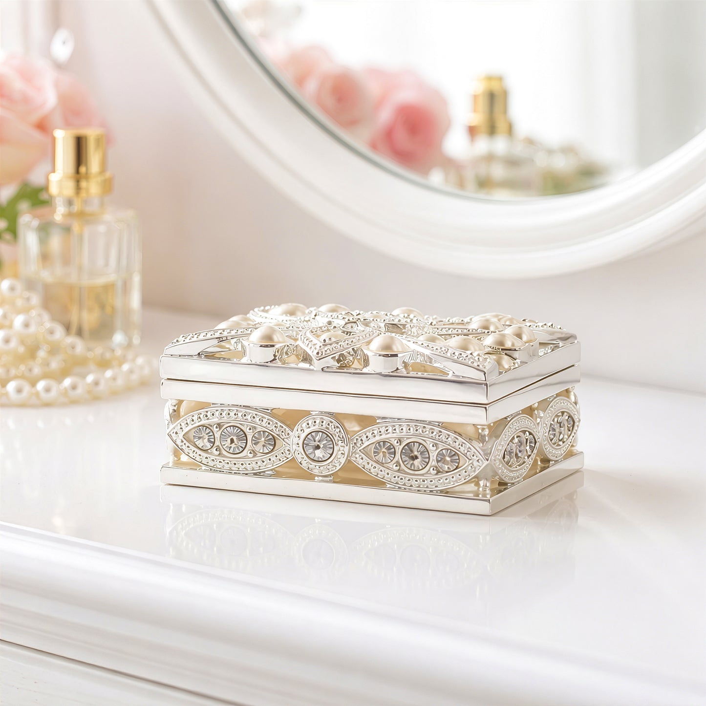 Silver pearl square jewellery box with pearl decorative lid