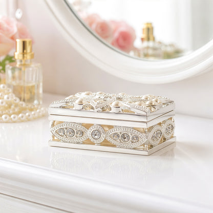 Silver pearl square jewellery box with pearl decorative lid