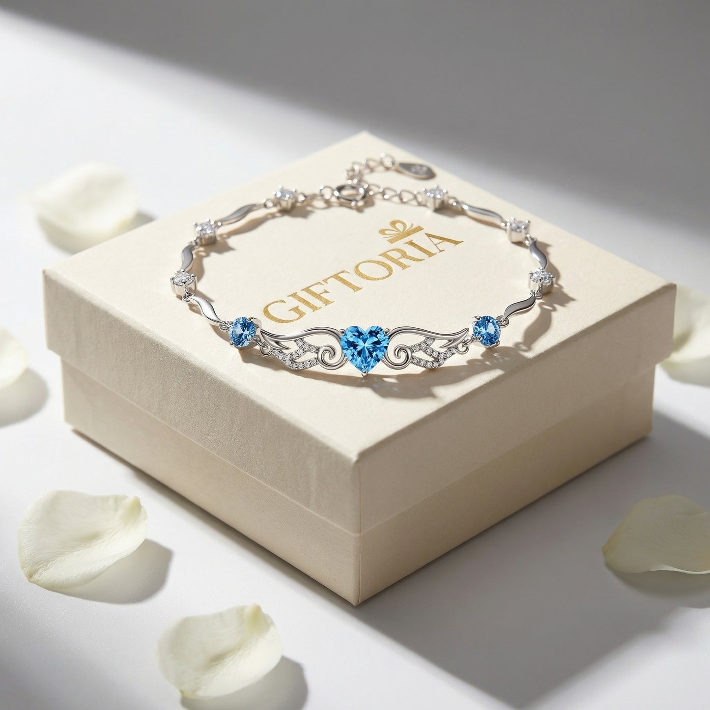 Angel Wings 925 sterling silver heart bracelet presented in Giftoria gift box ready for gifting