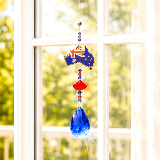 Australia crystal sun catcher gift hanging on window, reflecting colourful light in home