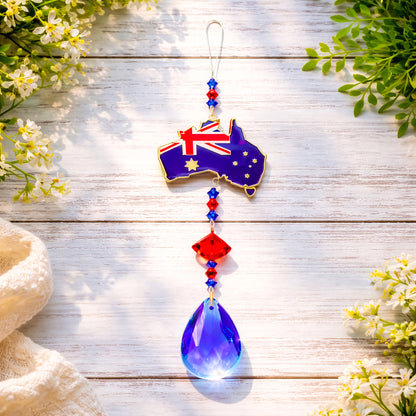 Australia map crystal sun catcher detail showing glass pendant and red blue crystal beads