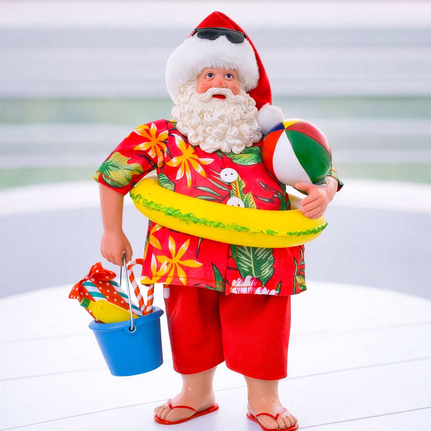 Australian Christmas Santa figurine in beach style outfit, festive holiday gift decoration by Giftoria Australia