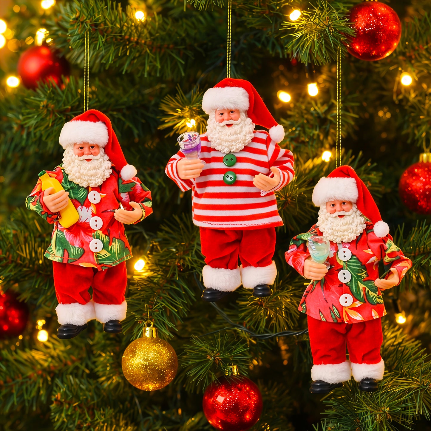 Australian Christmas Santa ornaments hanging on a decorated Christmas tree