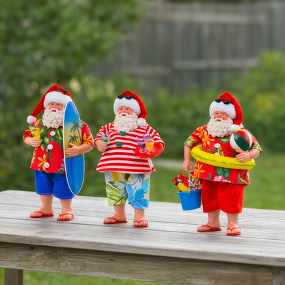 Australian summer Santa figurines set featuring beach, surf and festive drink designs