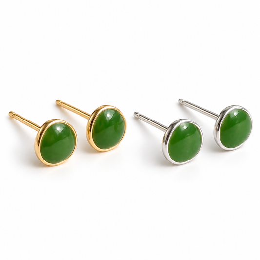Avocado green oval stud earrings in gold and silver colour options on a white background.