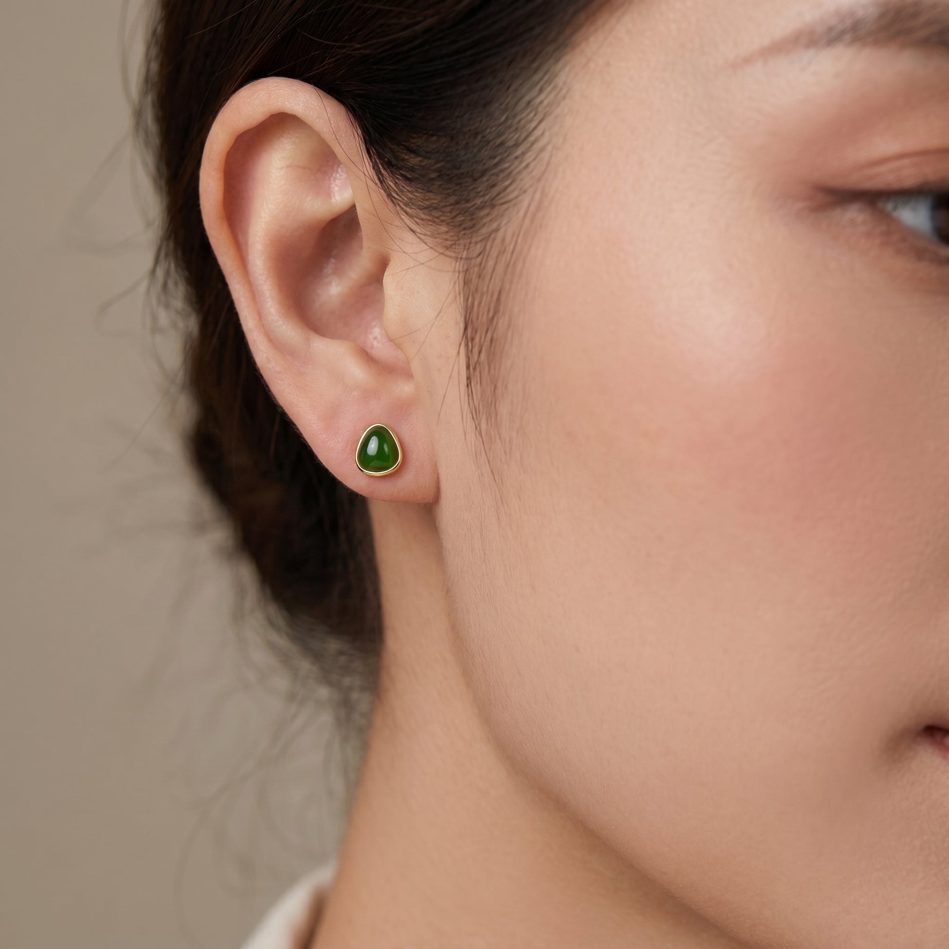 925 sterling silver avocado green stud earrings worn by model for a fresh minimalist style