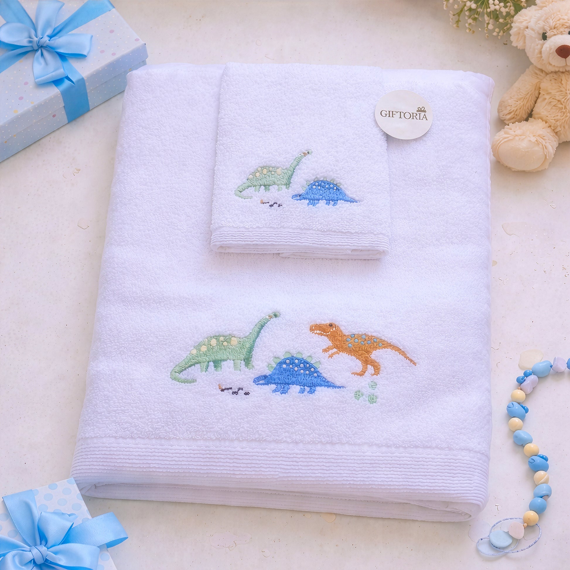 Baby bath gift set with dinosaur towel and face washer by Giftoria Australia
