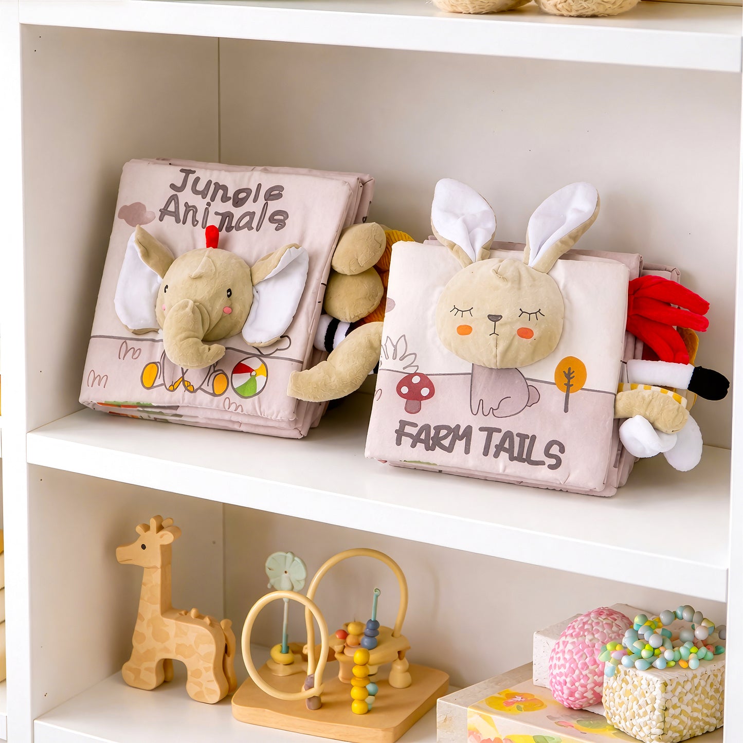 Baby cloth book set Farm and Jungle displayed on nursery shelf