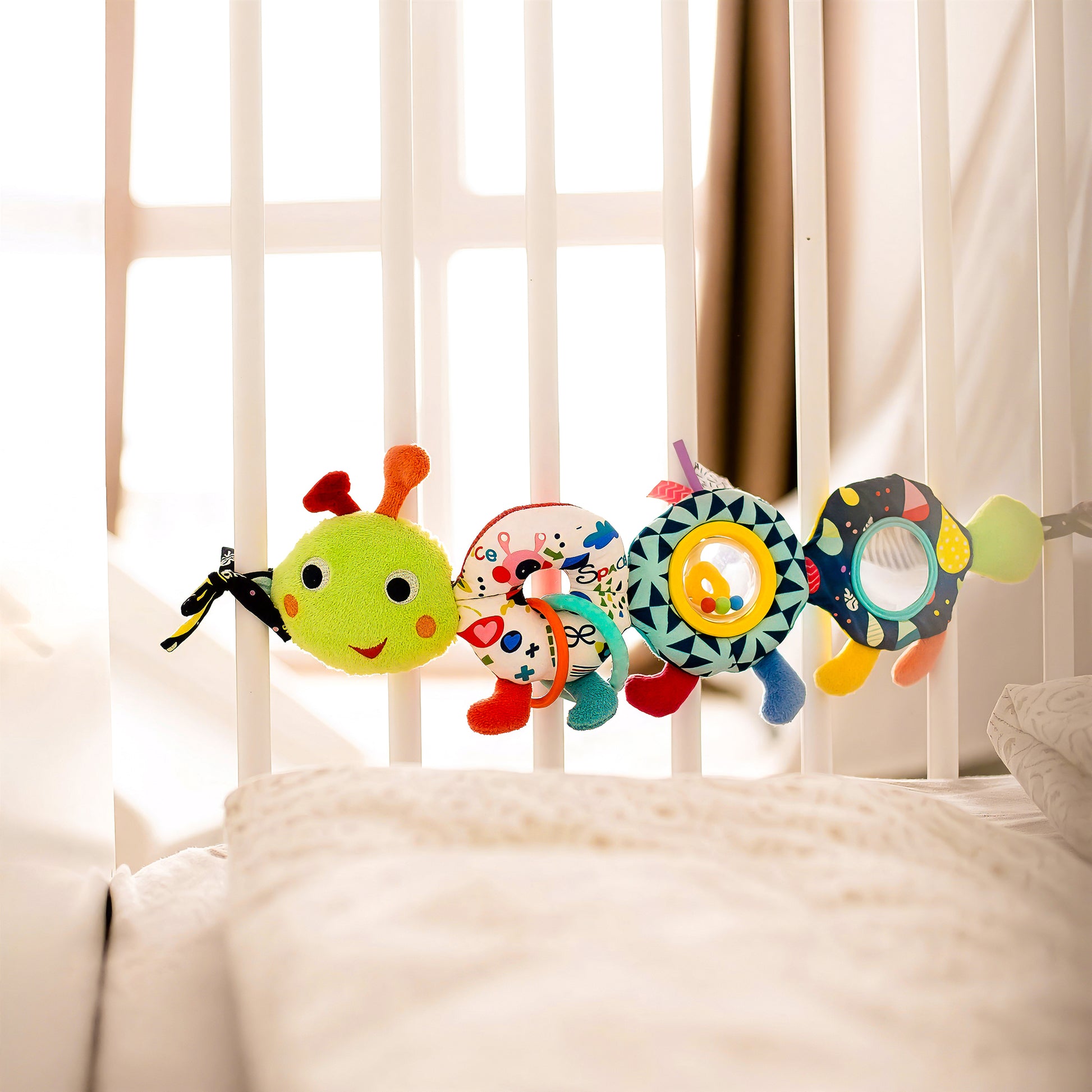 Caterpillar pram chain toy hanging on baby cot nursery sensory toy gift Australia
