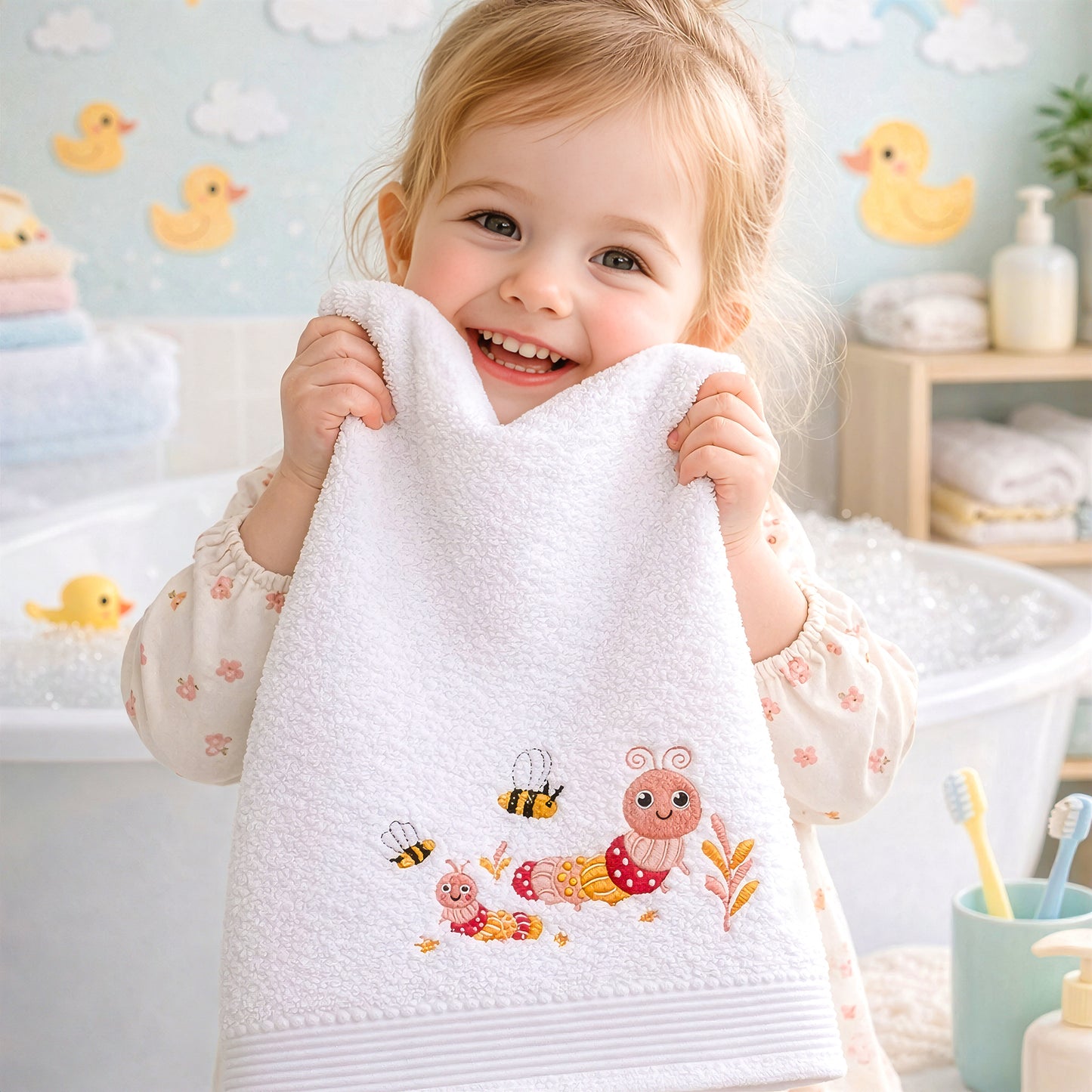 Smiling baby girl holding pink bath towel with Little Critters embroidery