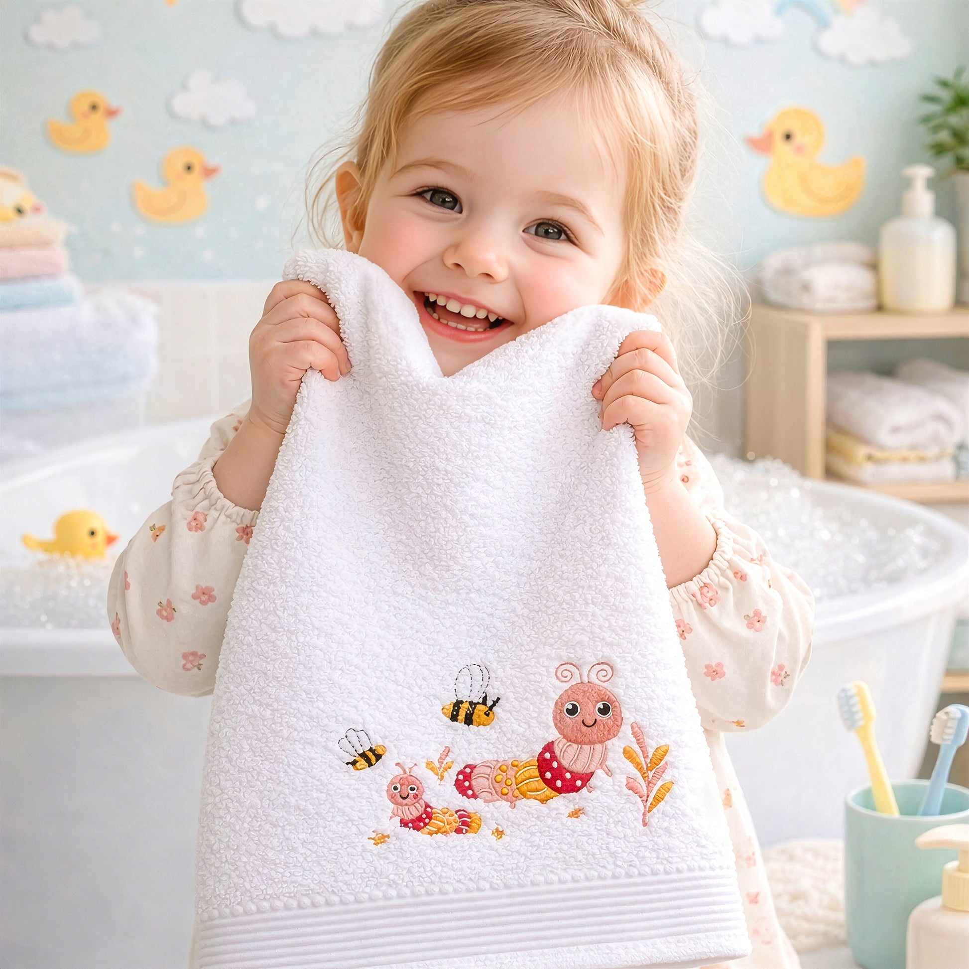 Smiling baby girl holding pink bath towel with Little Critters embroidery