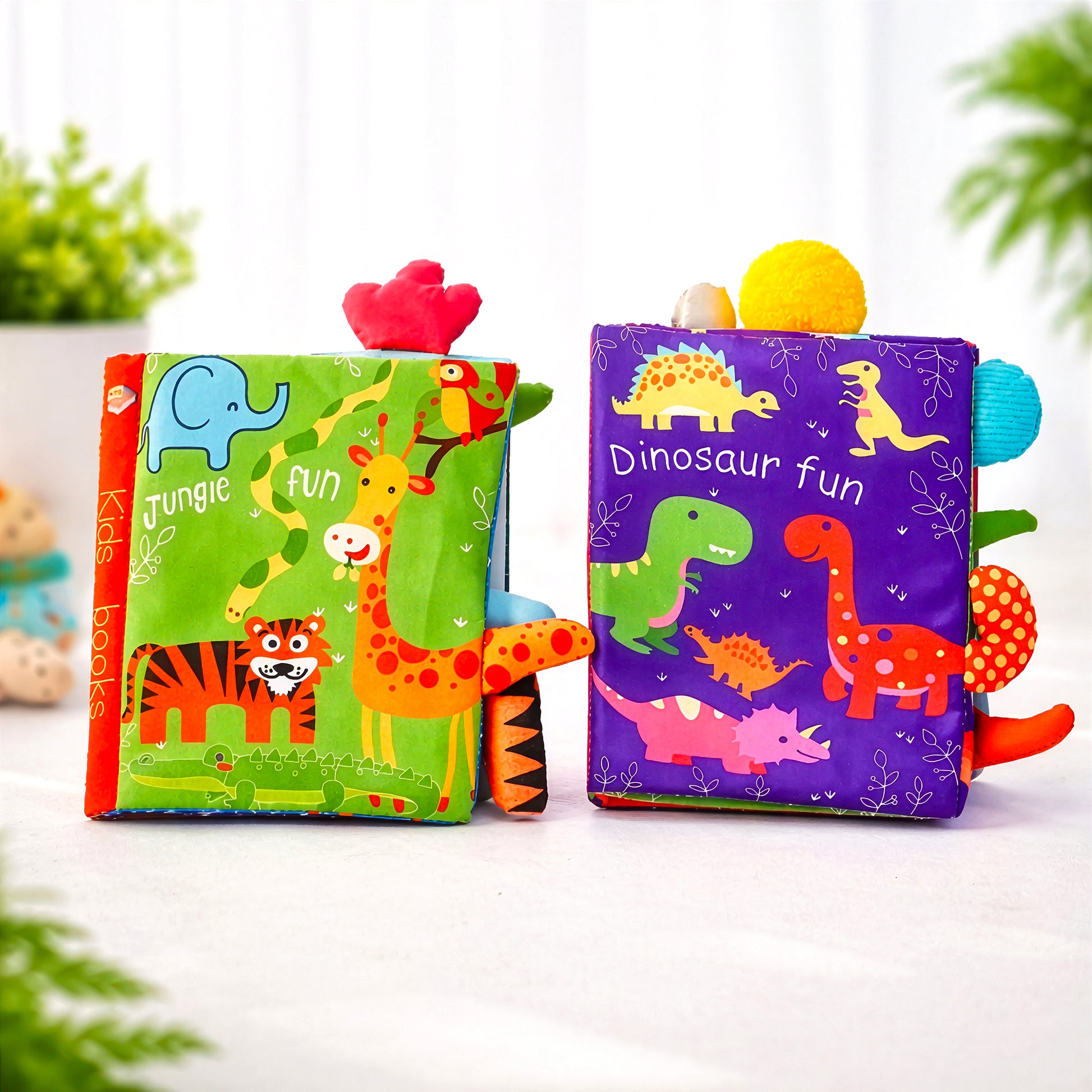 Front view of Jungle and Dinosaur baby soft book set
