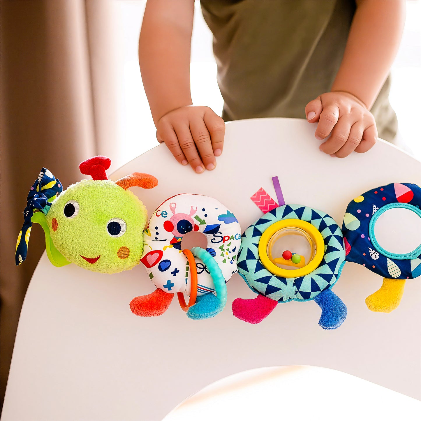 Caterpillar pram chain toy attached to baby chair sensory activity toy for infants