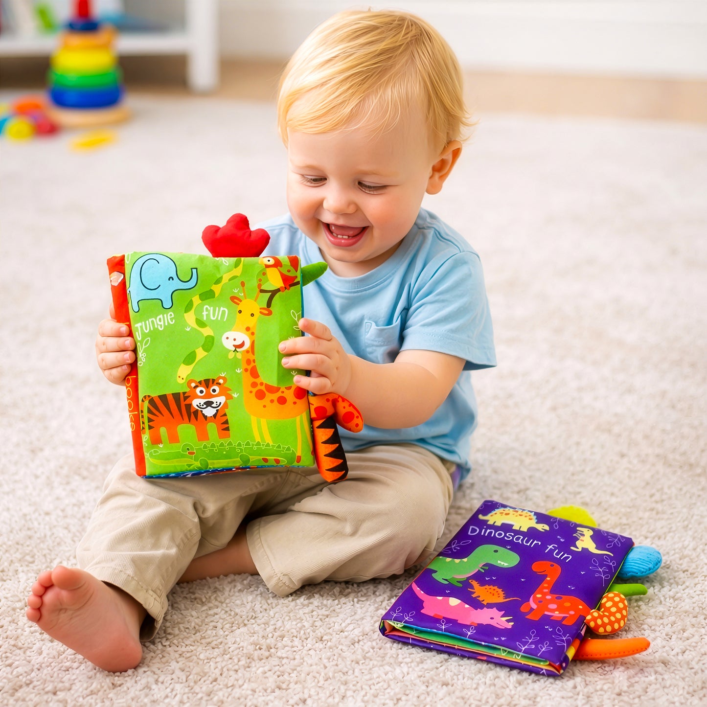 Baby soft book set Jungle and Dinosaur sensory cloth books for toddlers in Australia
