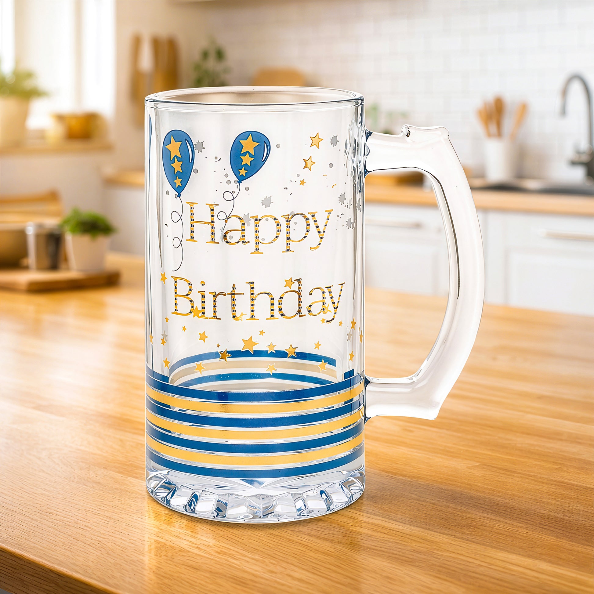 Birthday beer mug gift for him on a home kitchen table