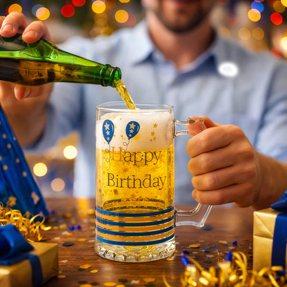 Man pouring beer into a birthday tankard mug as a celebration gift for men