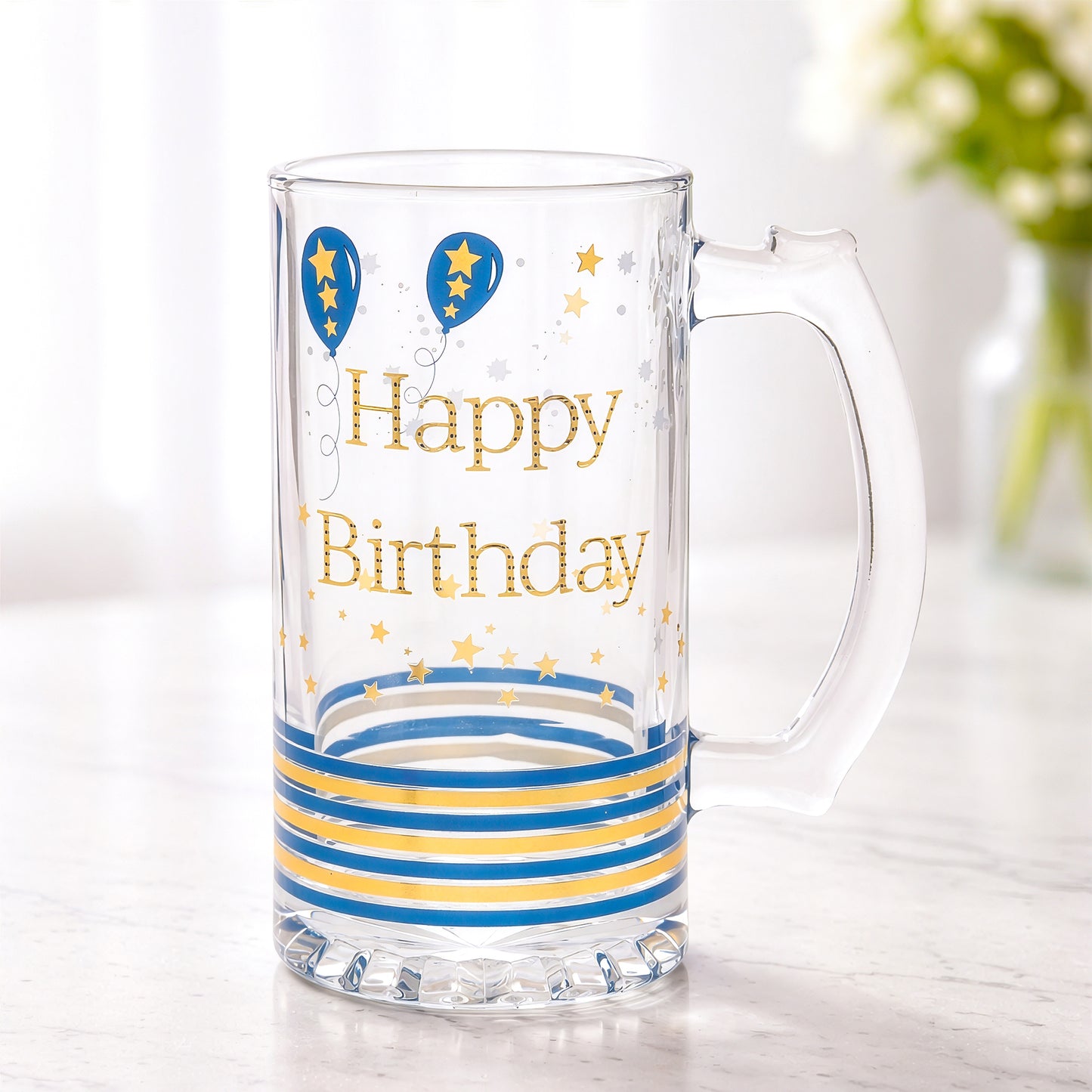 Birthday tankard gift for him glass beer mug with Happy Birthday design by Giftoria Australia
