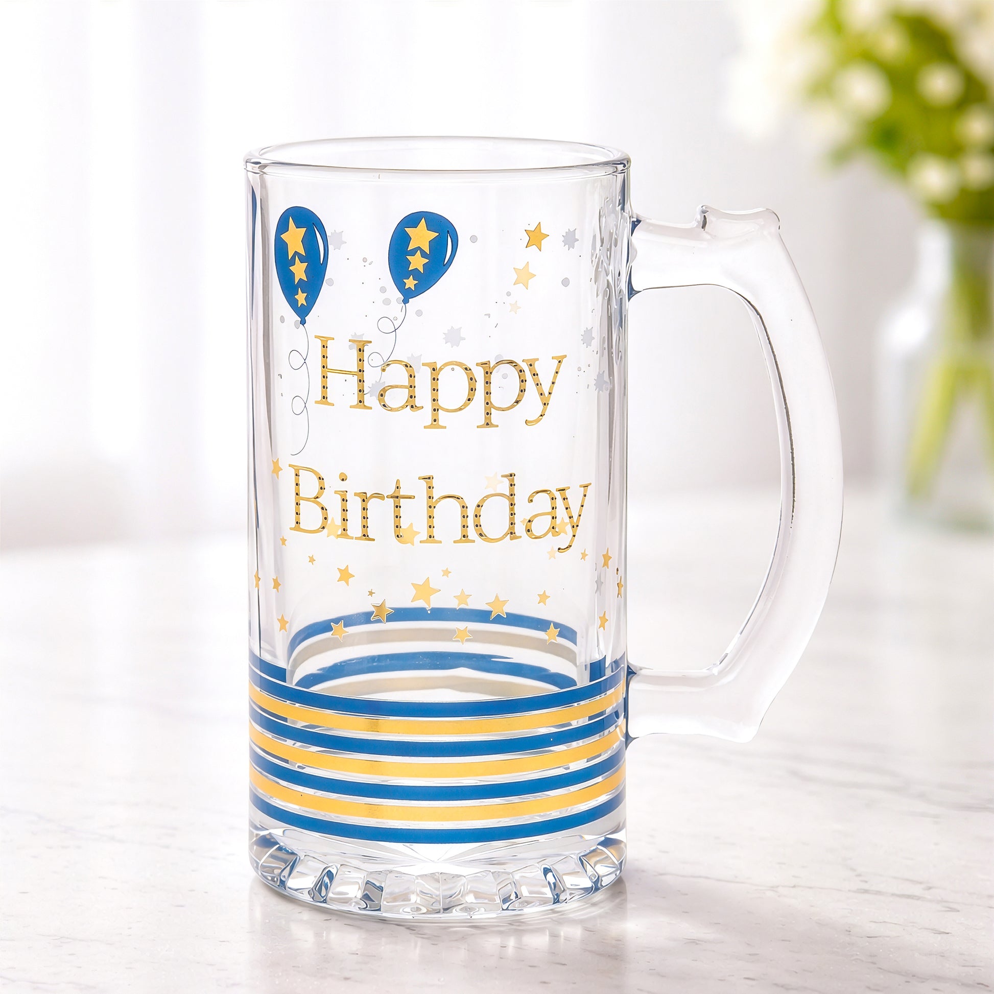 Birthday tankard gift for him glass beer mug with Happy Birthday design by Giftoria Australia