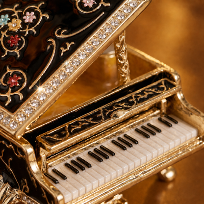 Close-up of black floral piano jewellery box keys and crystal details