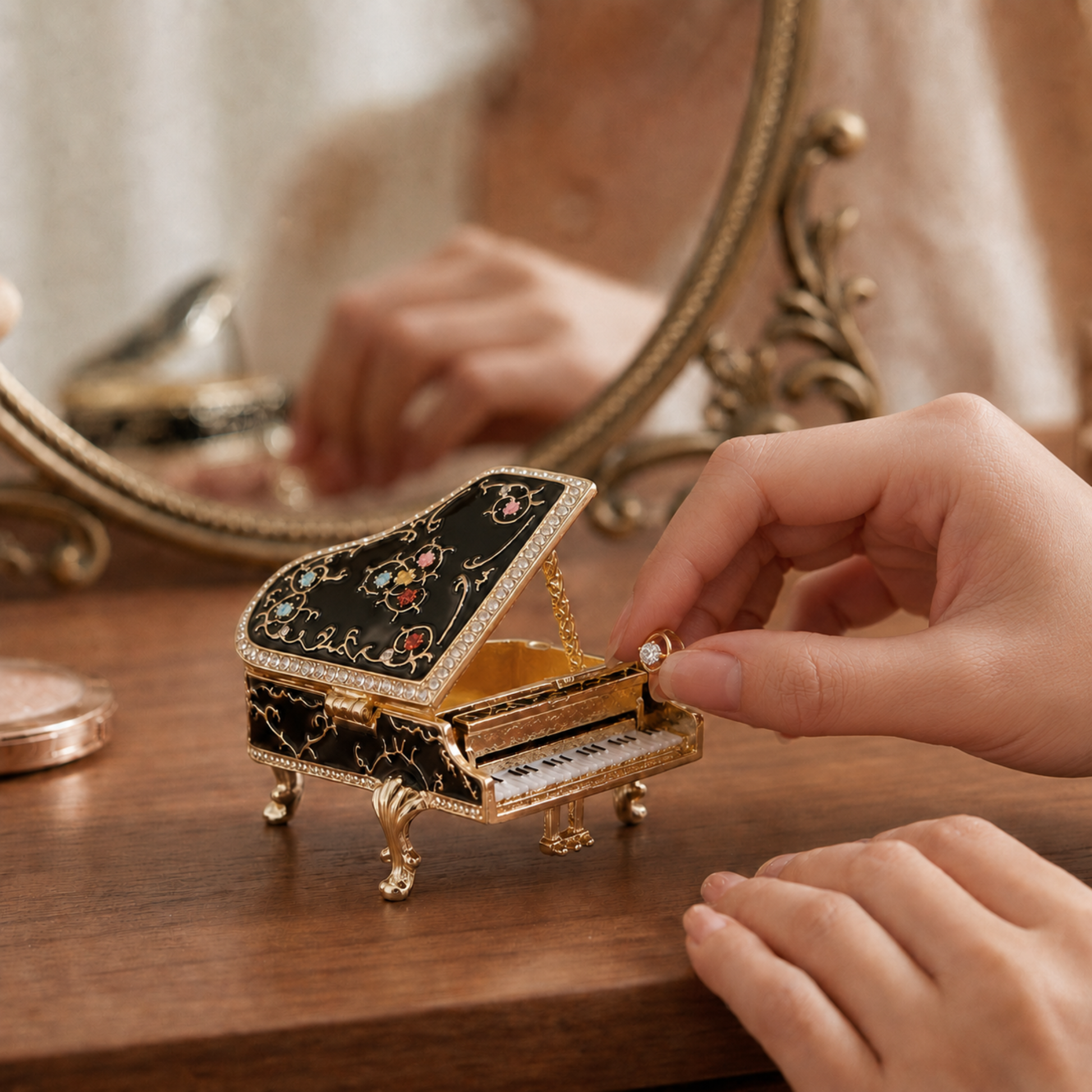 A black floral grand piano jewellery box displayed on a dressing table, shown on a wooden table with a person's hands interacting with it near a mirror.