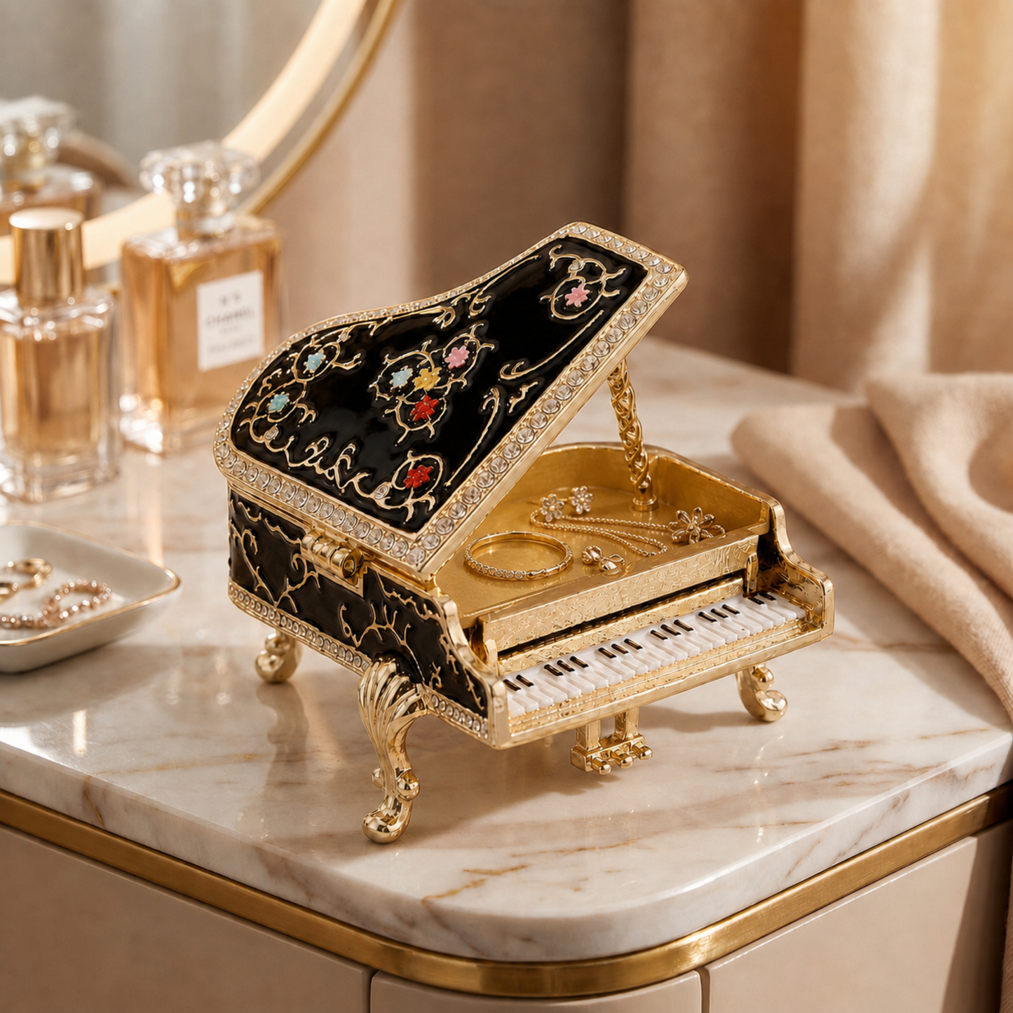 Black floral grand piano jewellery box displayed on a dressing table, open to display gold rings and necklaces inside, set on a marble vanity table with perfume bottles and a mirror in the background.