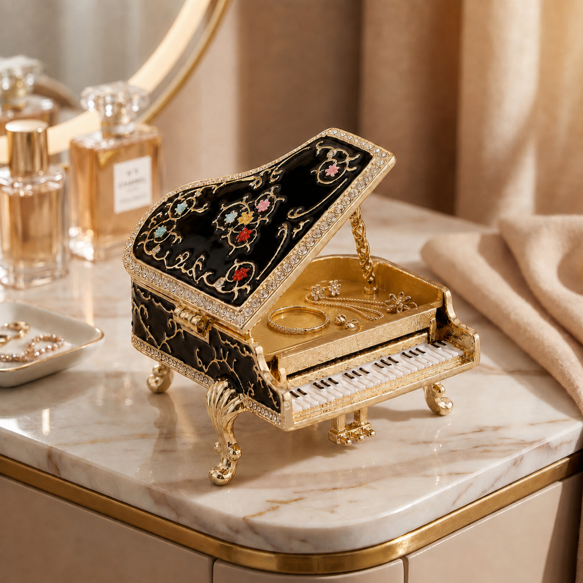 Black floral grand piano jewellery box displayed on a dressing table, open to display gold rings and necklaces inside, set on a marble vanity table with perfume bottles and a mirror in the background.